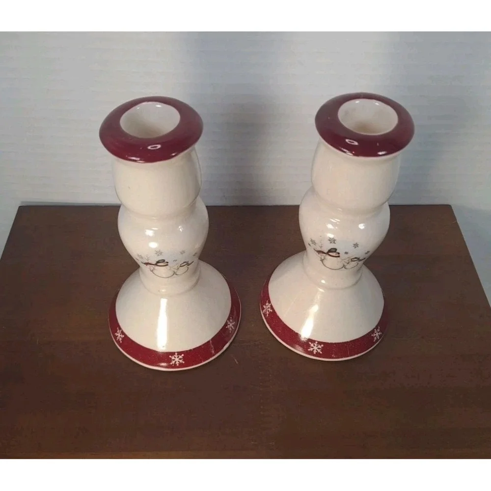 Set of 2 Royal Seasons Stoneware Jolly Snowman Candle Holders‎ Sticks 5-1/4